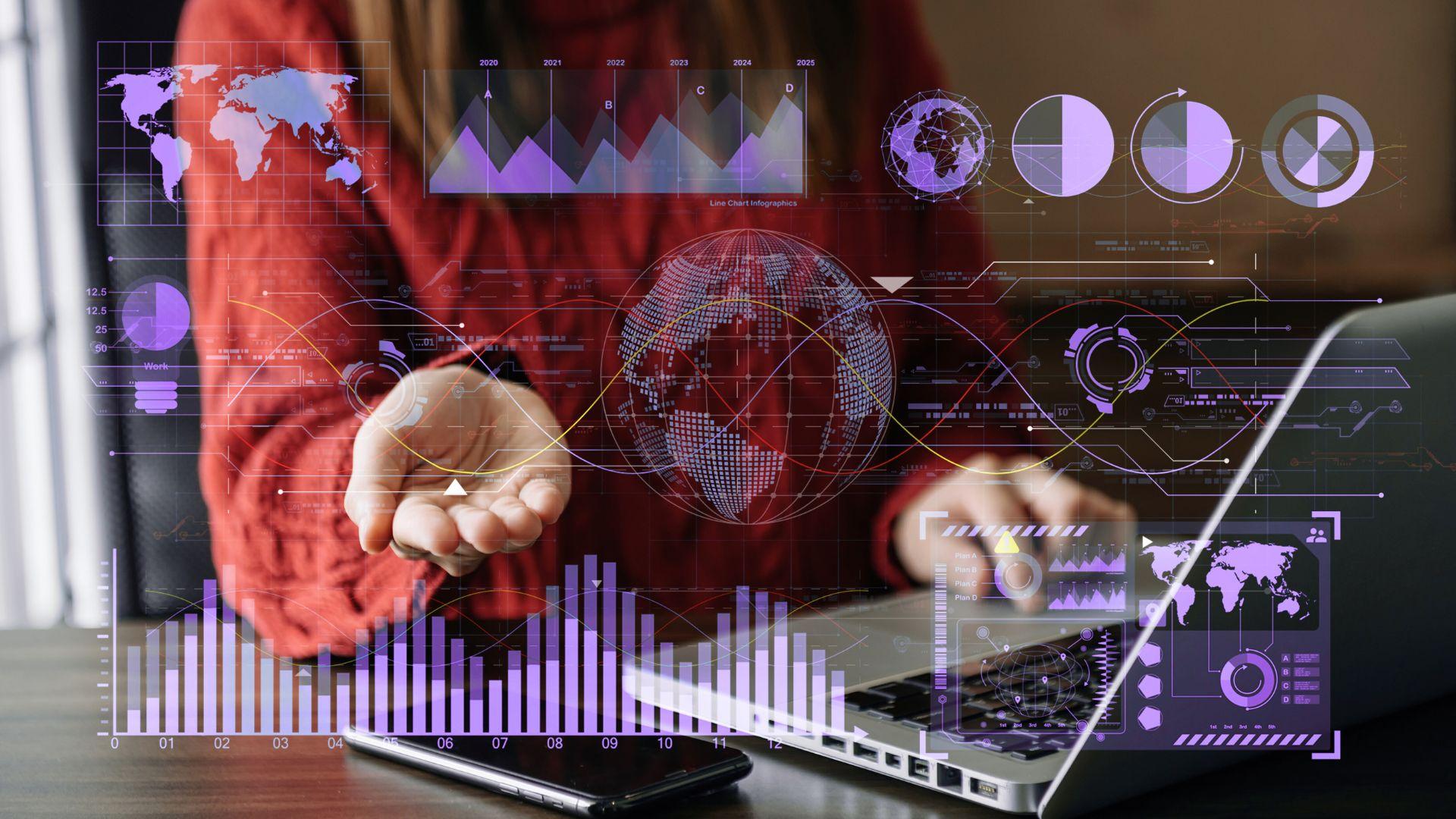 data connection points in the background with a diagram of a data visualisation on top